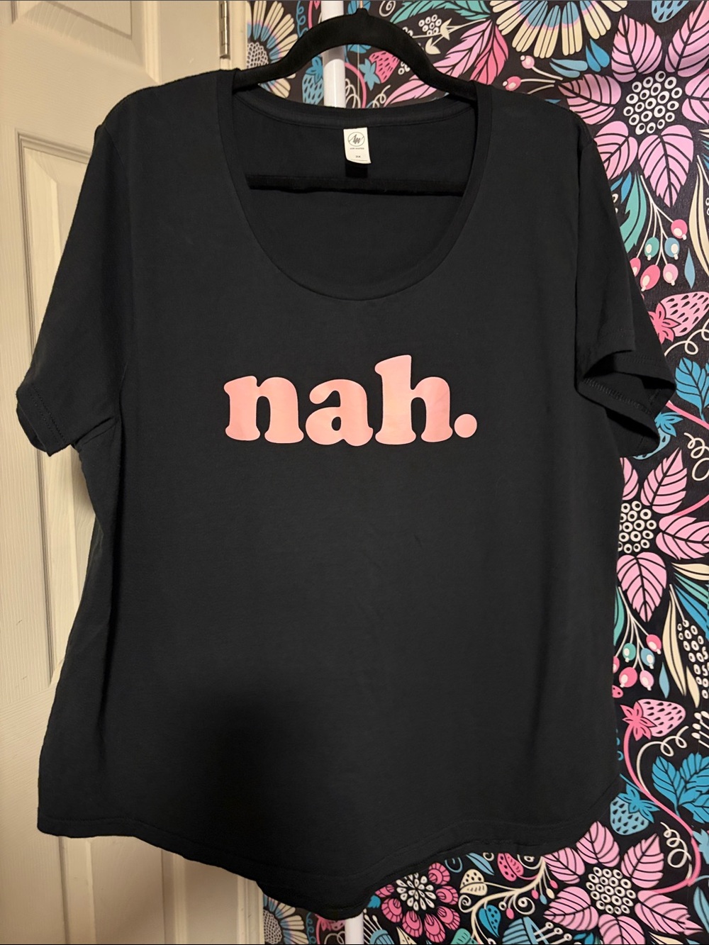 Black Short-Sleeve Tee with Pink "nah." Graphic